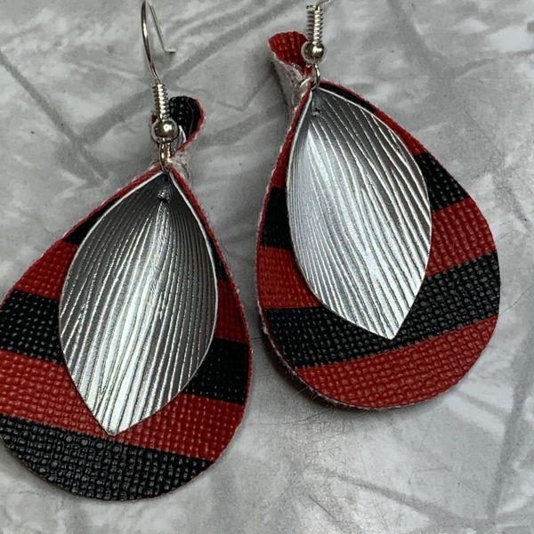 Black and Red Stripe Leather Teardrop with Silver Leather