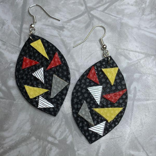 Black Leather Leaf with Yellow, Red, Grey and Silver Triangles