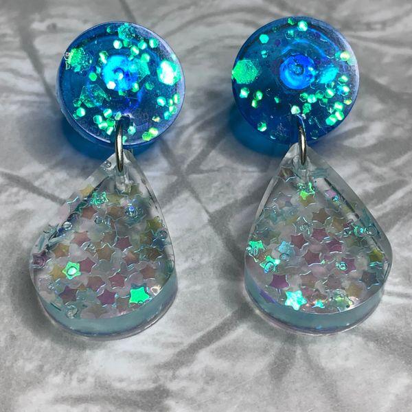 Blue and Pale Blue Star Sparkle Teardrop Earrings