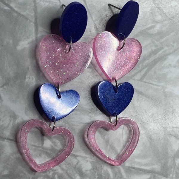 Blue and Pink Sparkle Heart Earrings
