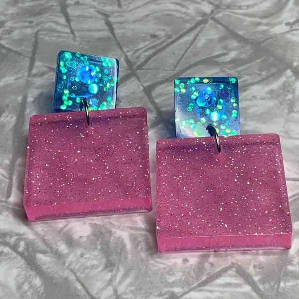 Blue and Pink Square Sparkle Earrings