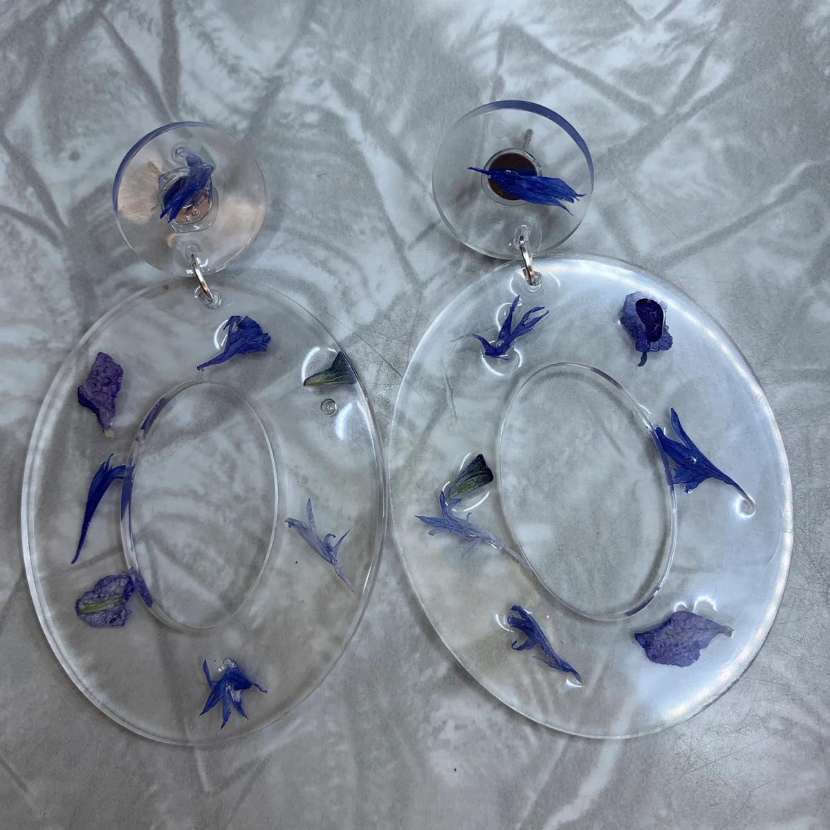 Blue Flower Petal Oval Earrings