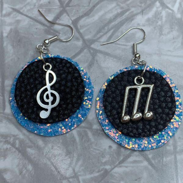 Blue Glitter Circle with Black Leather and Music Notes