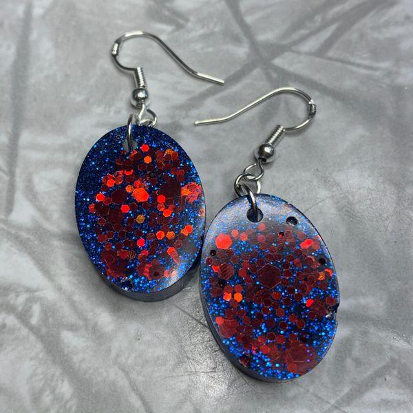 Blue Oval with Chunky Red Glitter Earrings