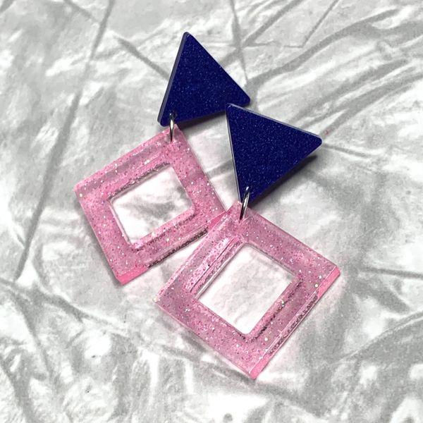 Blue Triangle Pink Diamond Sparkle Earrings