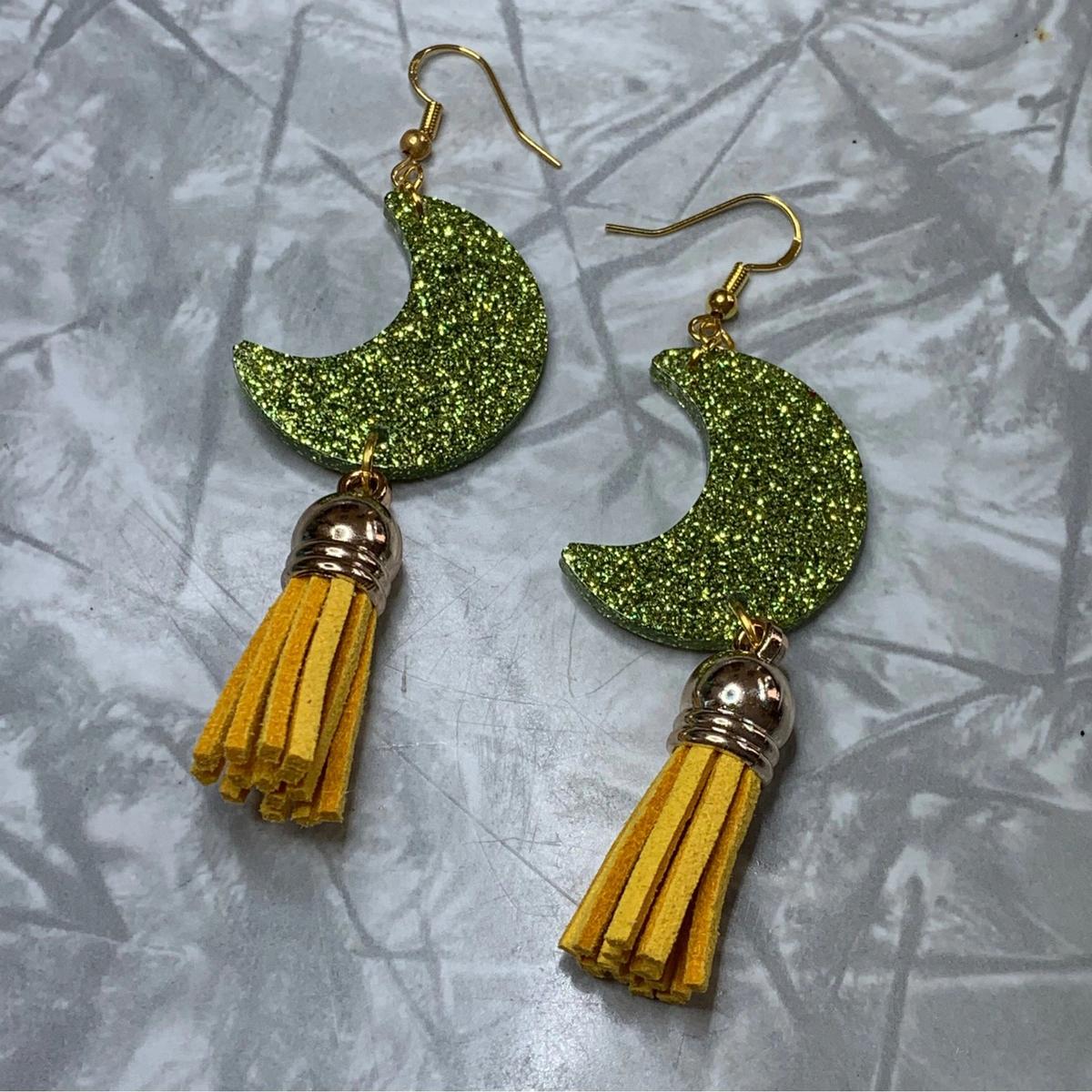 Chartreuse Moon Earrings with Yellow Fringe