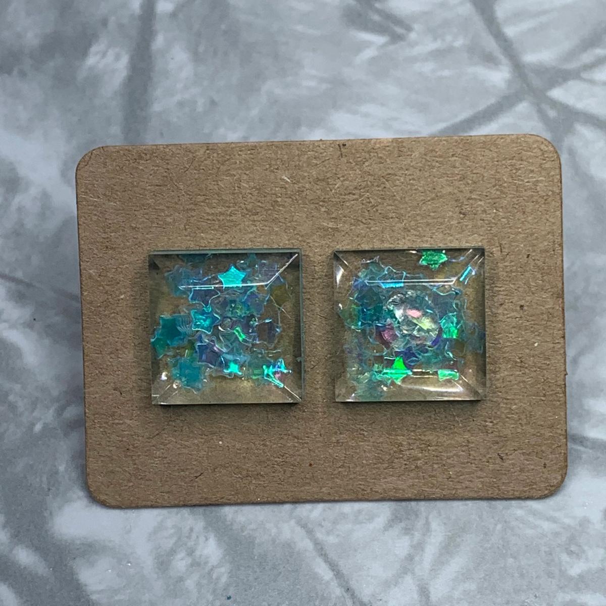Clear Blue Star Glitter Square Studs