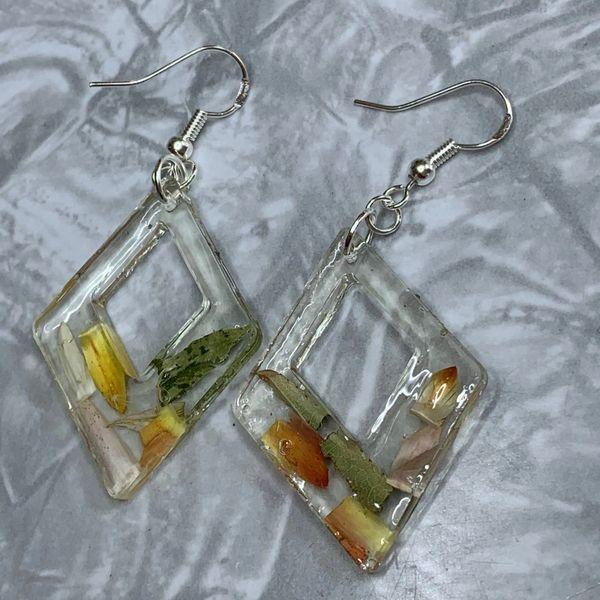 Clear Hollow Diamond Green and Yellow Flower Petal Earrings