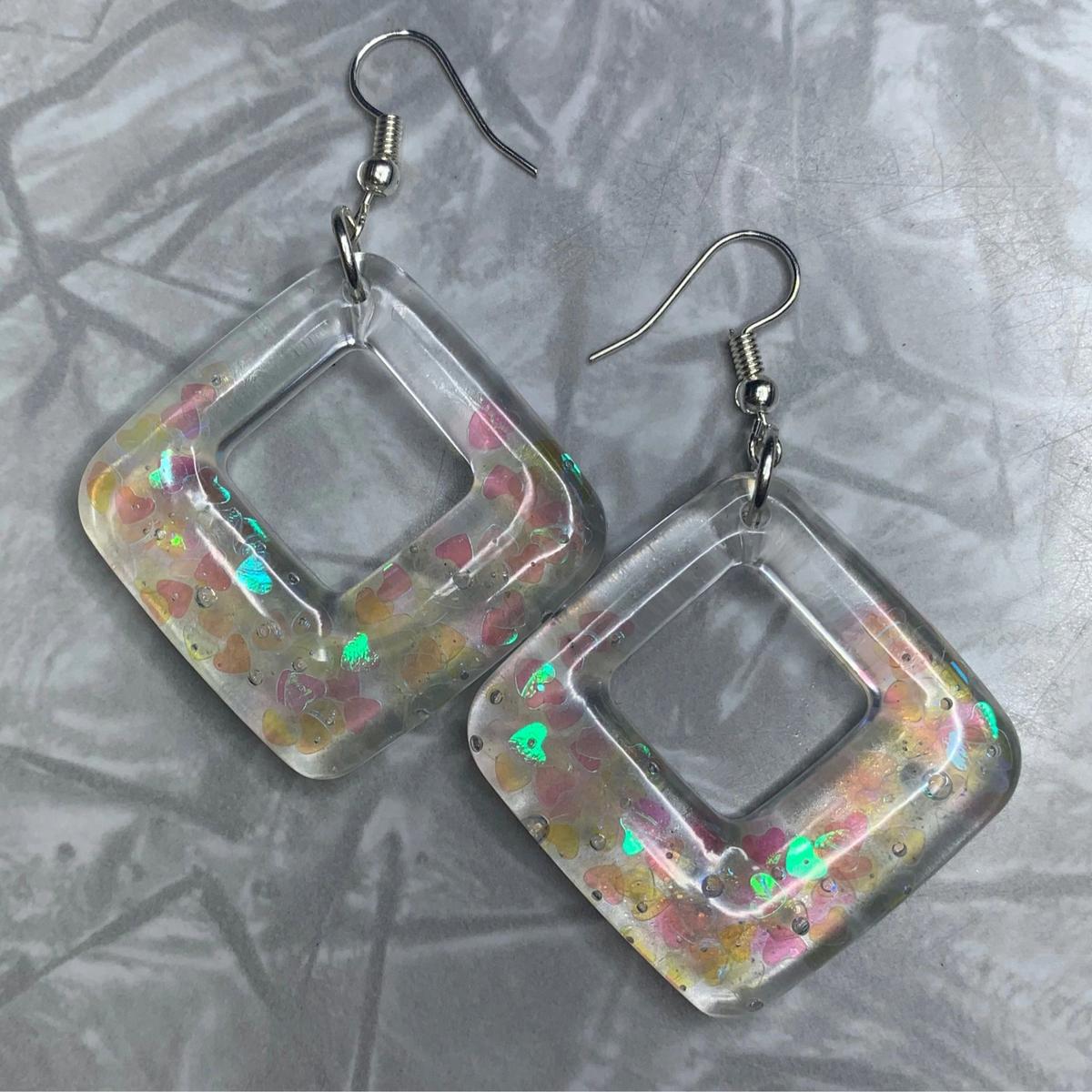 Clear Pink Heart Square Earrings