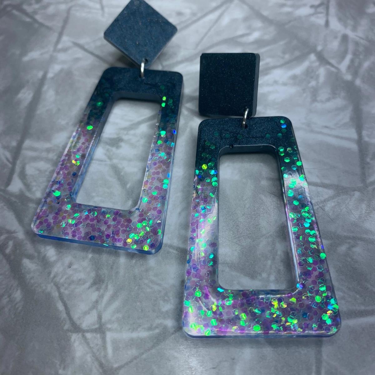 Dark Aquamarine and Mermaid Sparkle Odd Rectangle Earrings