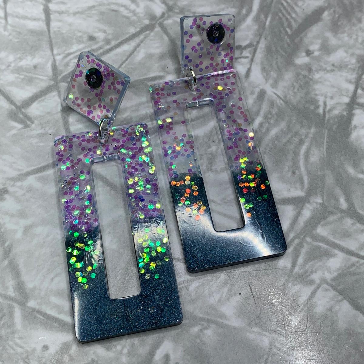 Dark Aquamarine and Mermaid Sparkle Rectangle Earrings