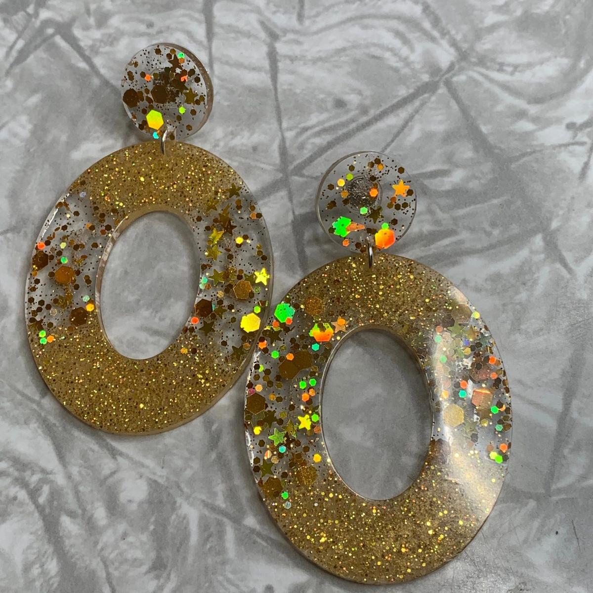 Gold and Gold Sparkle Oval Earrings