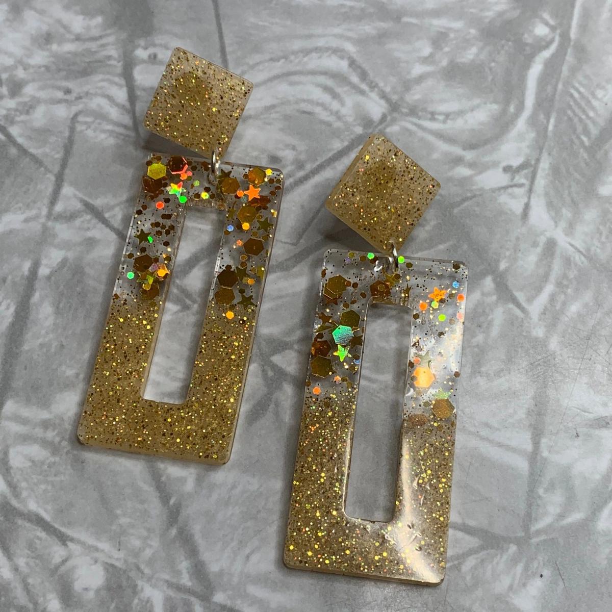 Gold and Gold Sparkle Rectangle Earrings