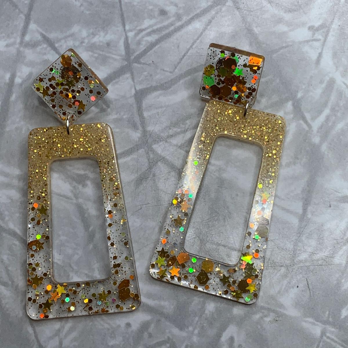 Gold and Gold Sparkle Rectangle Earrings