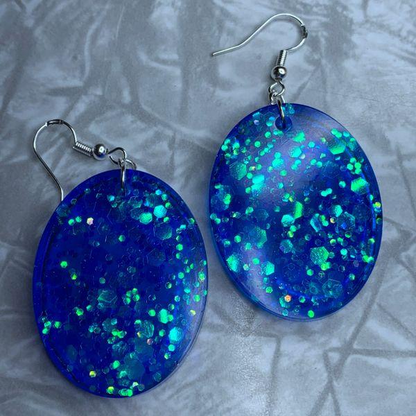 Large Blue Oval Sparkle Earrings
