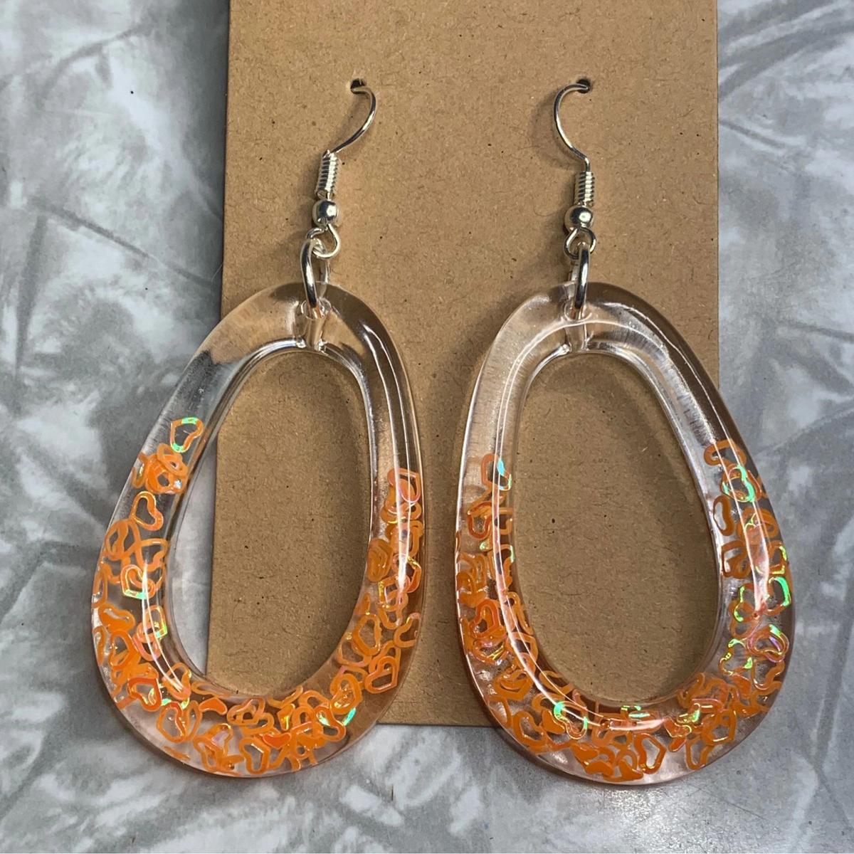 Orange Heart Sparkle Oval Earrings