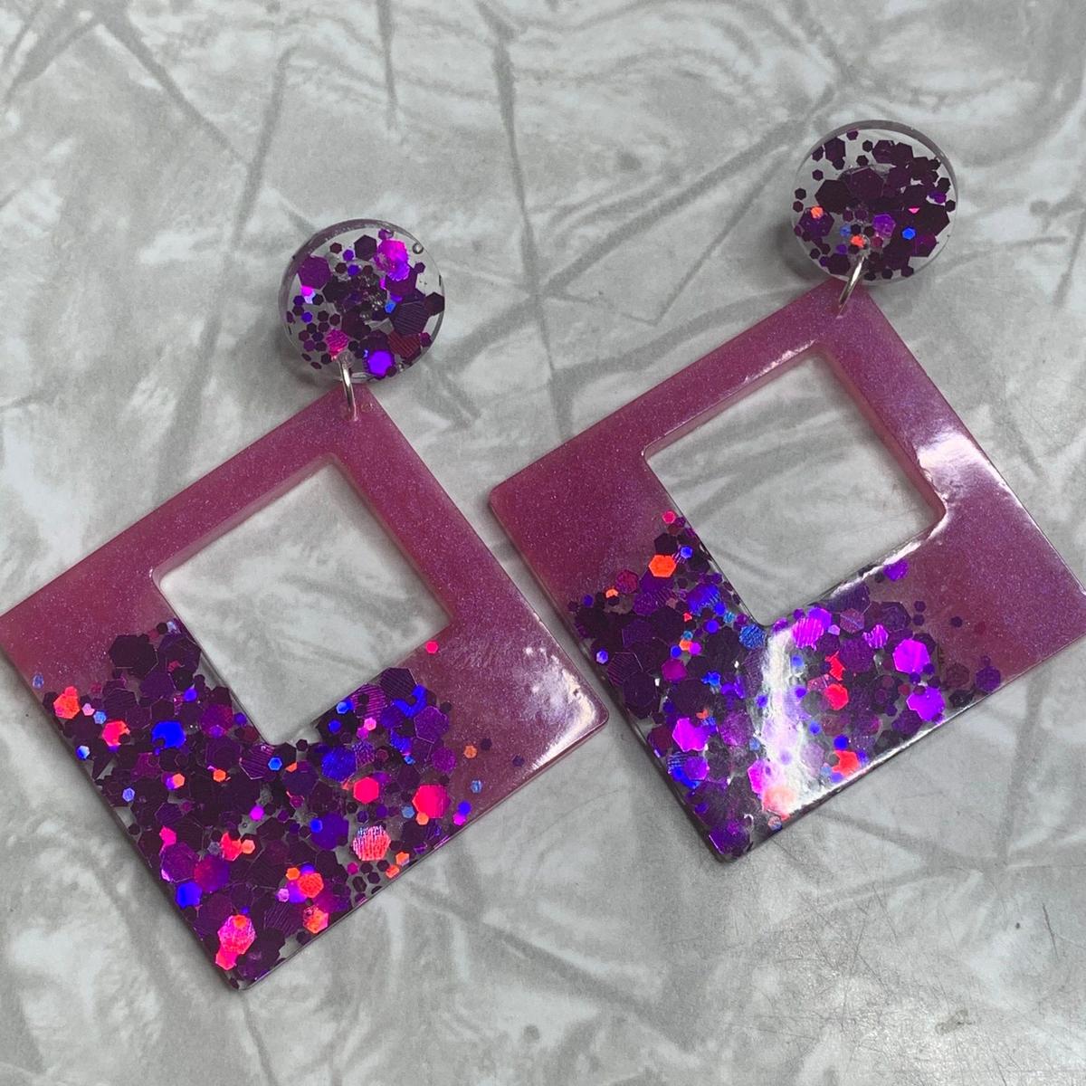 Pink and Purple Sparkle Large Square Earrings