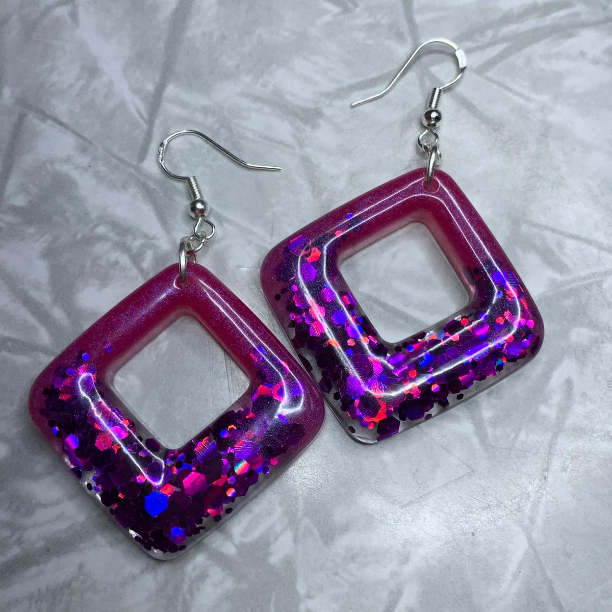 Pink Diamond Square Purple Glitter Earrings