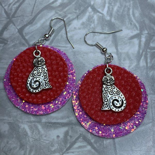 Pink Glitter Circle with Red Leather and Swirly Kitty Cats
