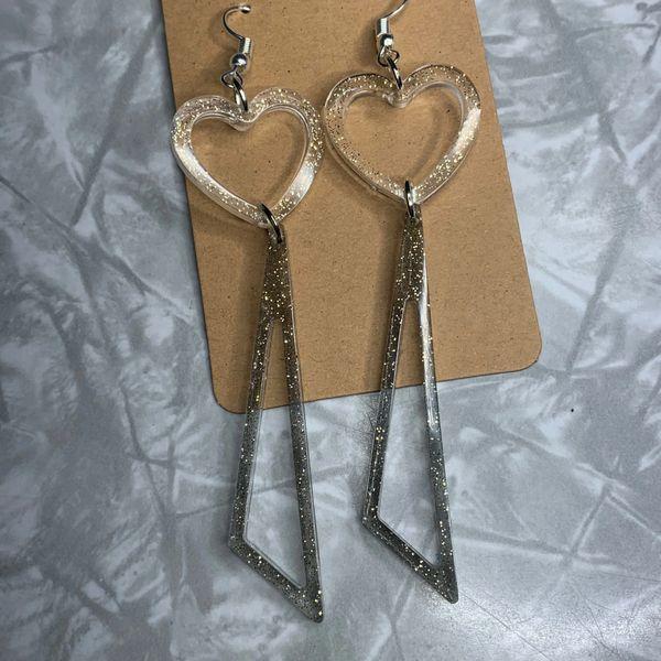 Pink Heart Grey Triangle Gold Sparkle Earrings