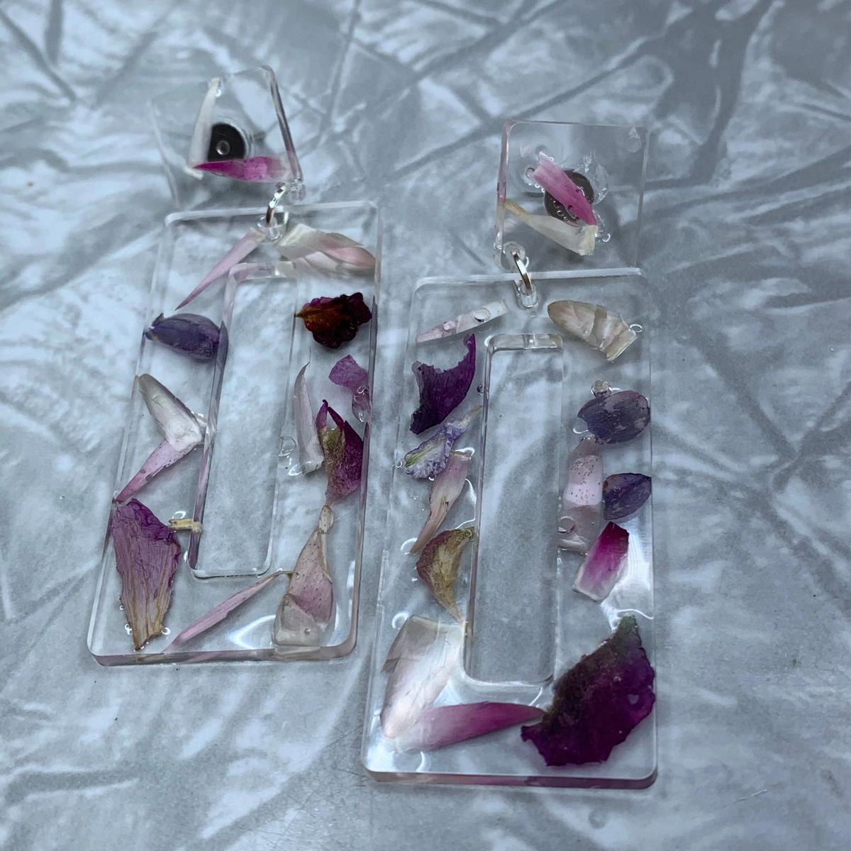 Purple Flower Petal Rectangle Earrings