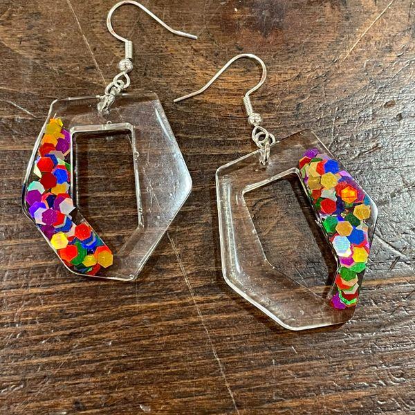 Rainbow Glitter Hexagon Earrings