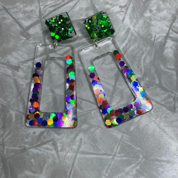 Rainbow Glitter Odd Rectangle Green Stud Earrings