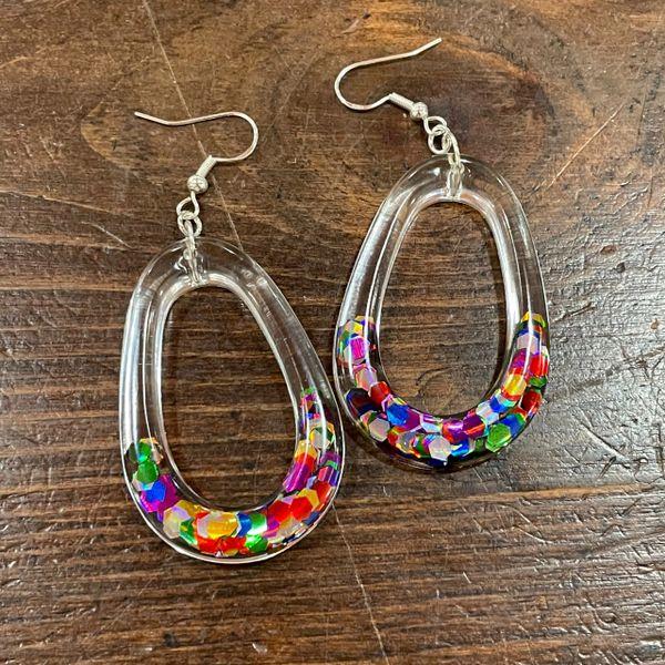 Rainbow Glitter Oval Earrings