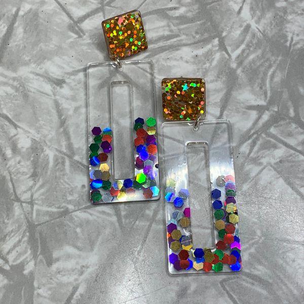 Rainbow Glitter Rectangle Gold Stud Earrings