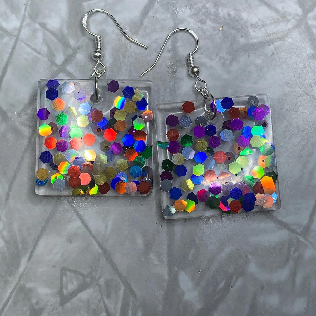 Rainbow Glitter Square Earrings