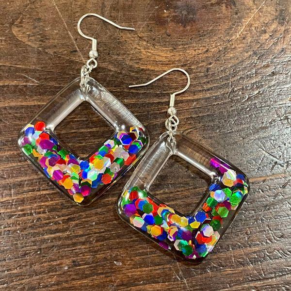 Rainbow Glitter Square Earrings