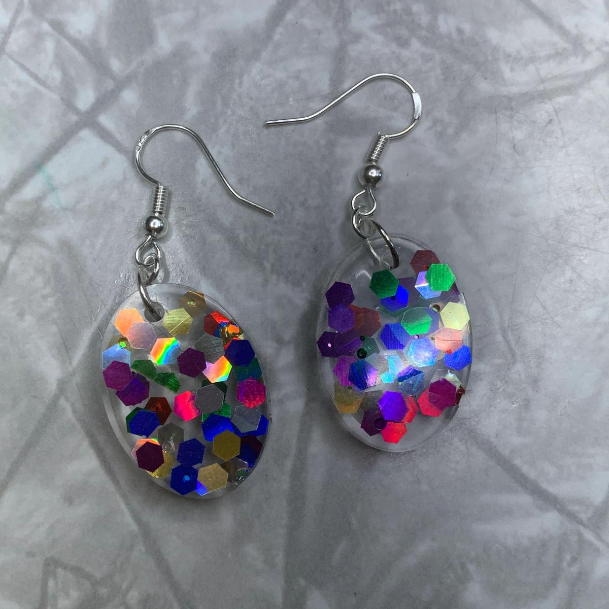 Rainbow Glitter Tiny Oval Earrings