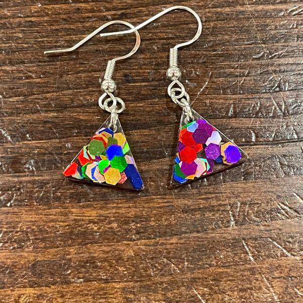 Rainbow Glitter Tiny Triangle Earrings