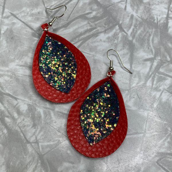 Red Leather Teardrop with Blue Glitter