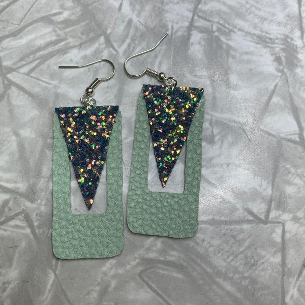 Sage Leather Rectangle with Blue Glitter Triangle