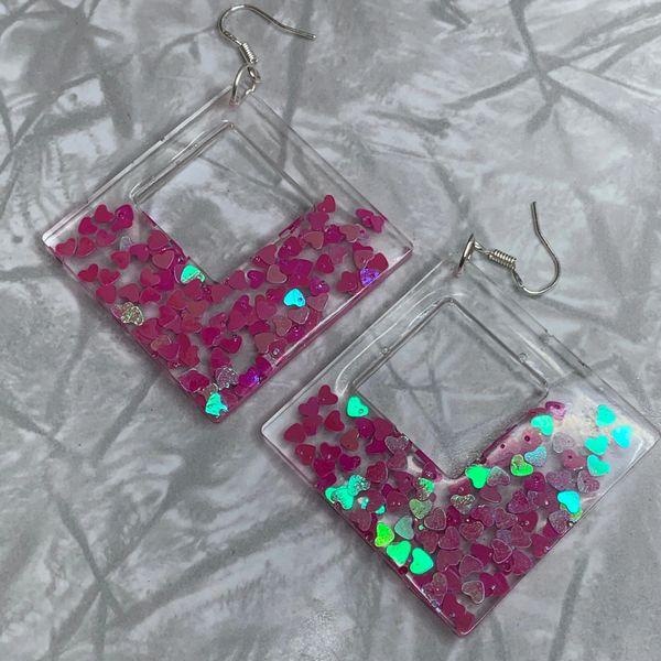 Square Pink Heart Glitter Earrings
