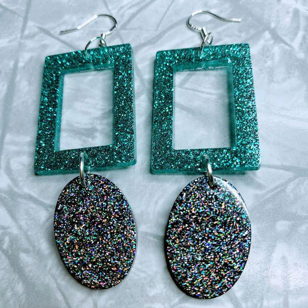 Teal Rectangle Black Oval Sparkle Earrings