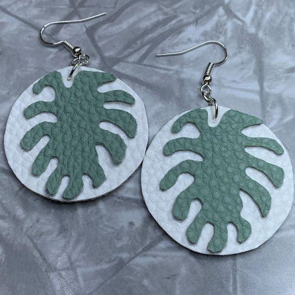 White Leather Circle with Sage Palm Leaf