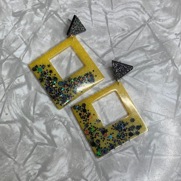 Yellow and Black Square Sparkle Earrings