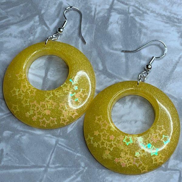 Yellow Circle Earrings with Glitter Stars