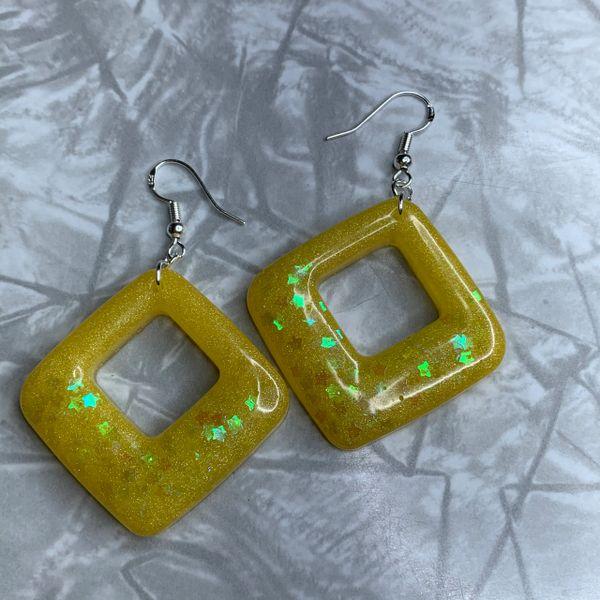 Yellow Square Earrings with Glitter Stars